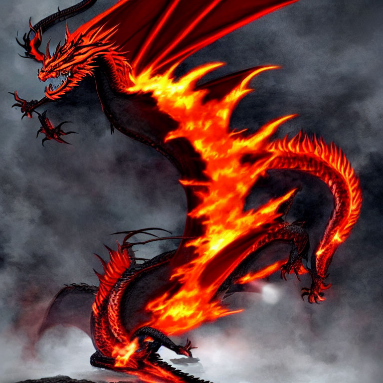 Fiery red dragon with outstretched wings in cloudy sky