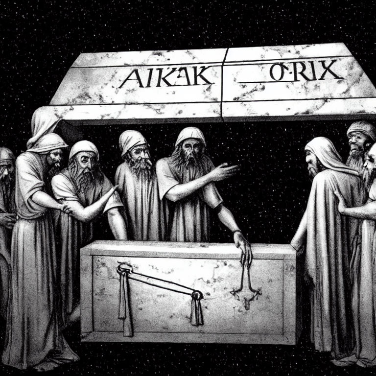 Ancient Greek philosophers in robes around geometric diagram with inscription.