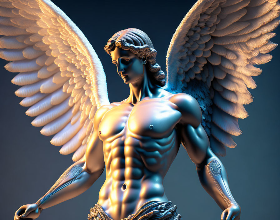 Detailed 3D sculpture of muscular angel with curly hair and large wings