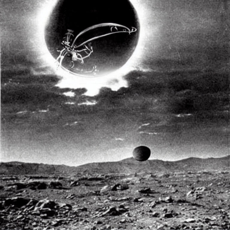 Vintage black-and-white alien landscape with moon, celestial body, and spacecraft orbiting.