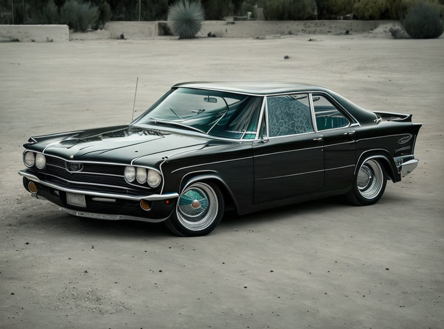 Vintage Black Muscle Car with Chrome Details and Whitewall Tires on Gray Desolate Landscape