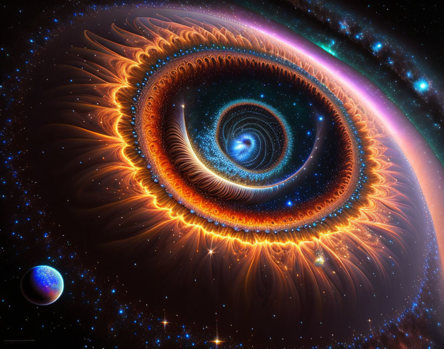 Digital art: Spiral galaxy in eye-like formation with stars and planet in cosmic backdrop