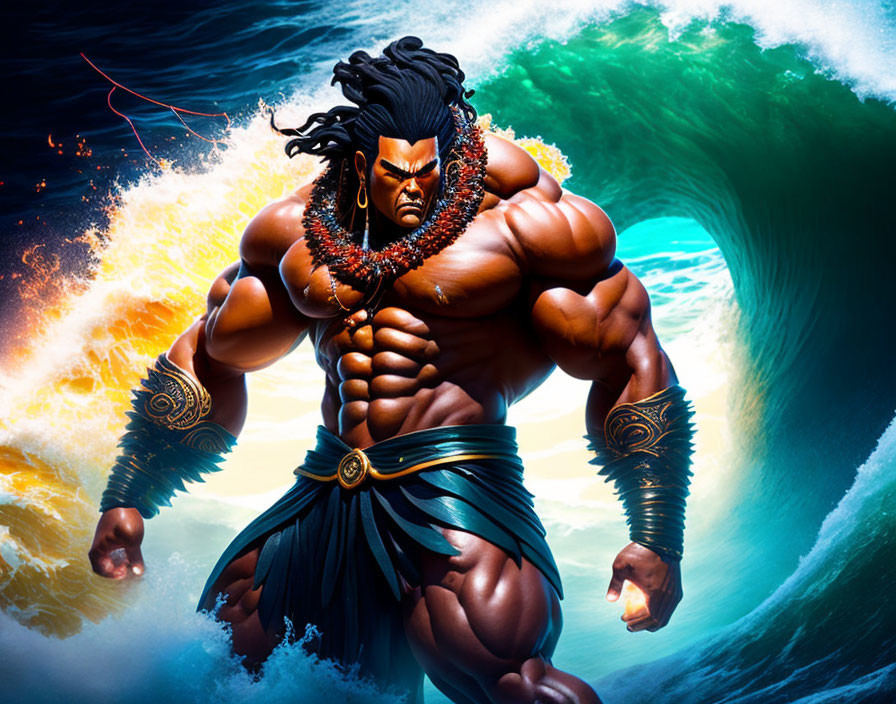 Muscular man with tribal accessories by ocean waves