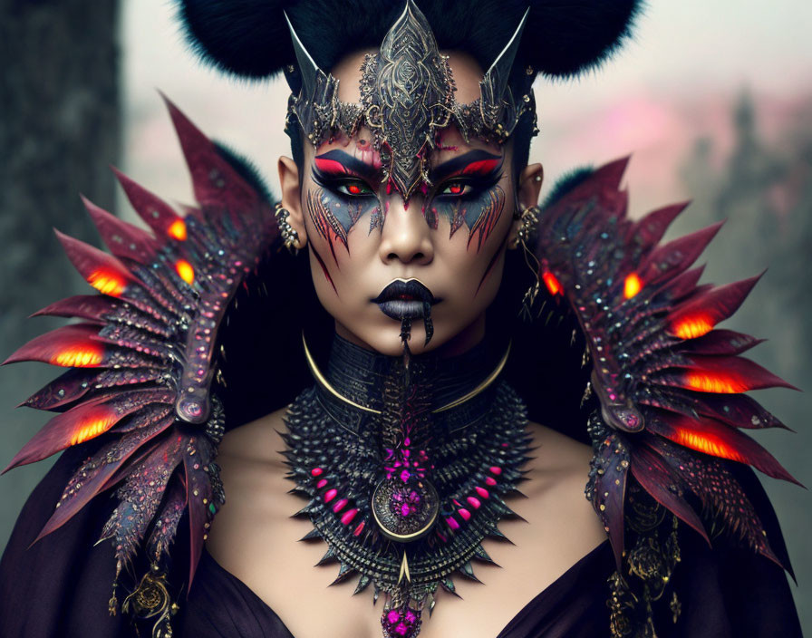 Fantasy-themed portrait with elaborate makeup and fiery wing-like shoulder armor.