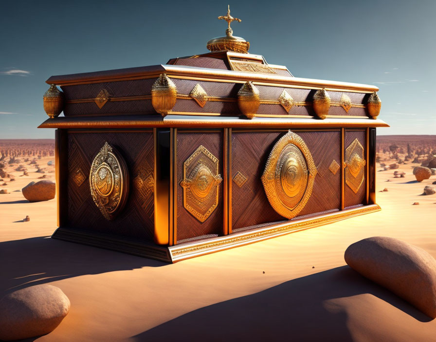 Golden and wooden chest with intricate designs in desert landscape