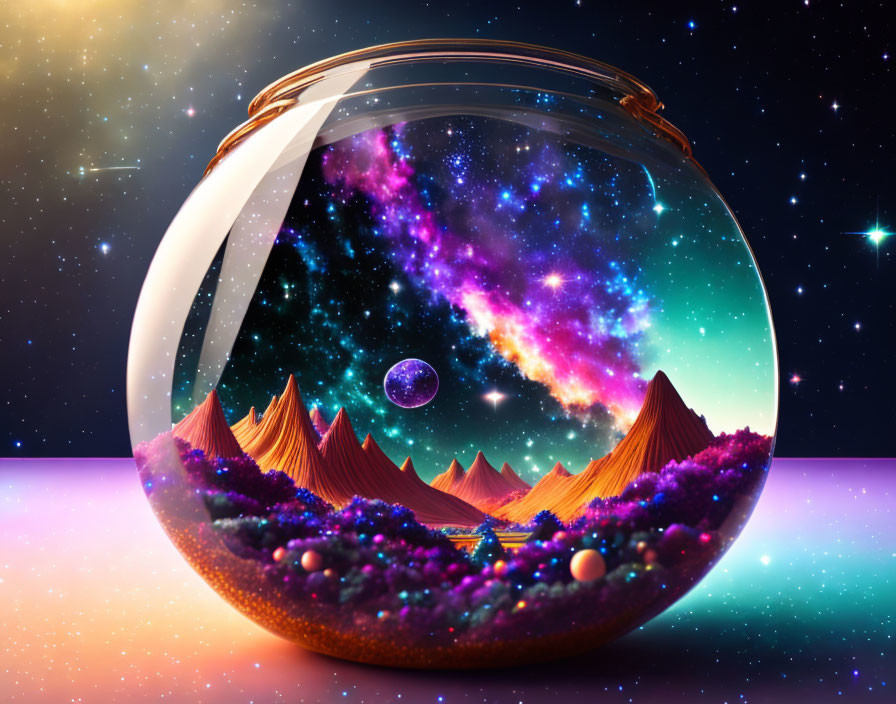 Glass terrarium with cosmic scene: mountains, planets, starry sky.