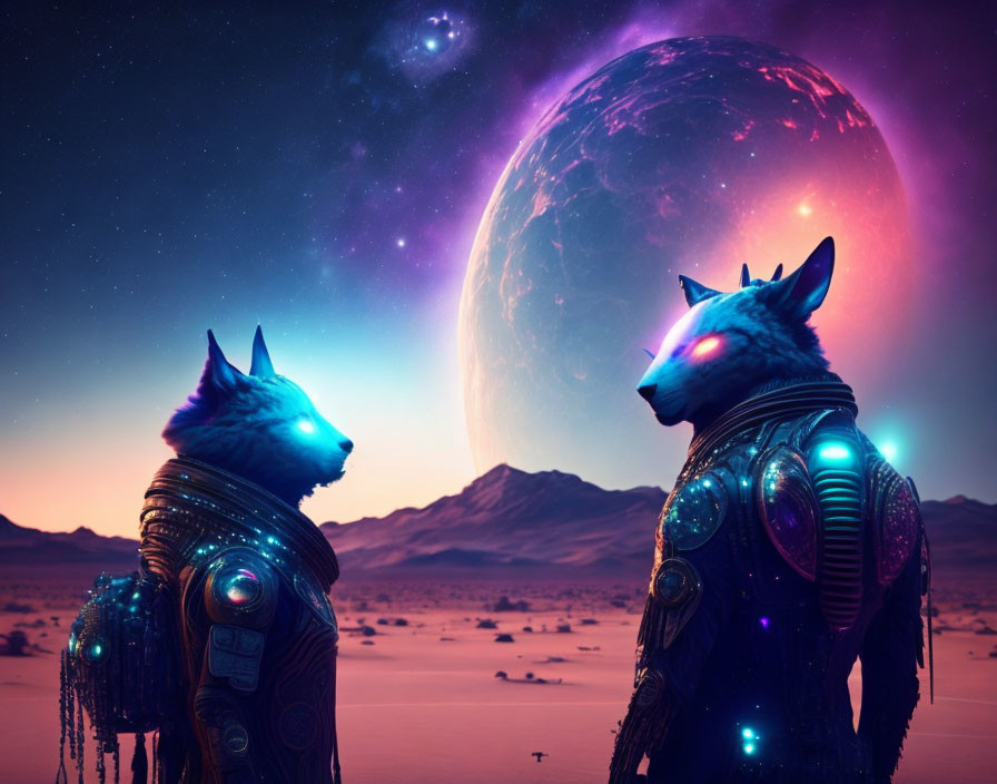 Futuristic cybernetic wolves with giant planet in starry desert