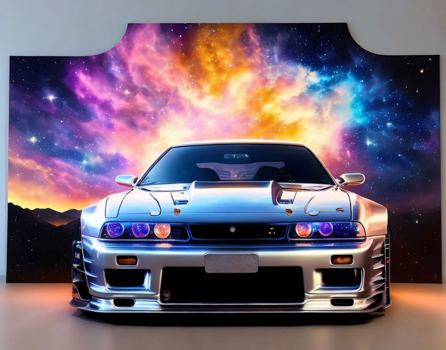 Shiny silver sports car with striking body kit against vibrant space-themed backdrop