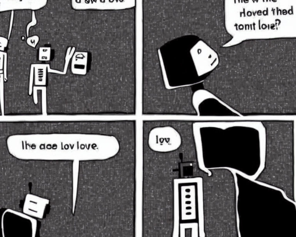 Humorous four-panel comic strip with humanoid and robot mispronouncing "I love you