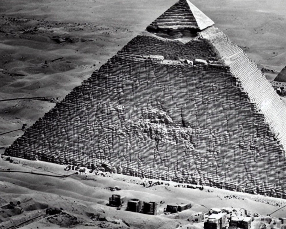 Monochrome image of Great Pyramid of Giza in desert landscape