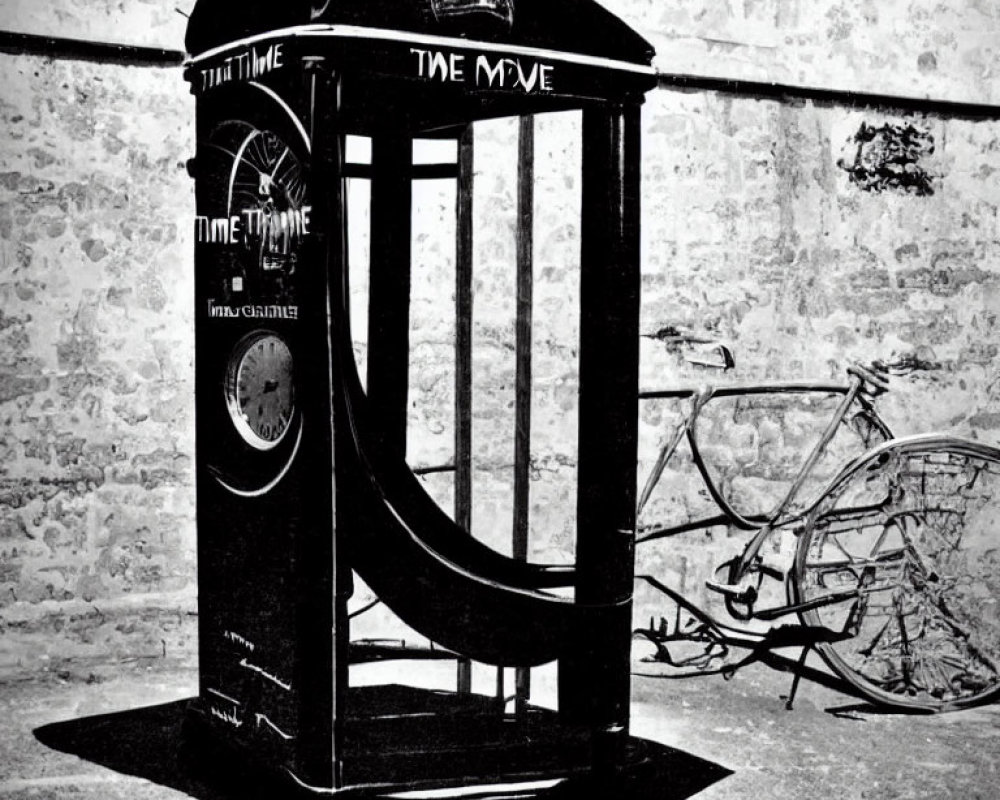 Vintage bicycle by stone wall next to quirky "Time Machine" phone booth