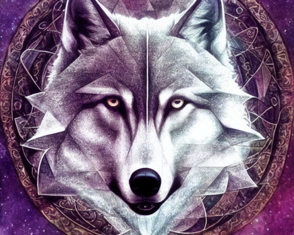 Stylized wolf face on geometric background with purple cosmic backdrop