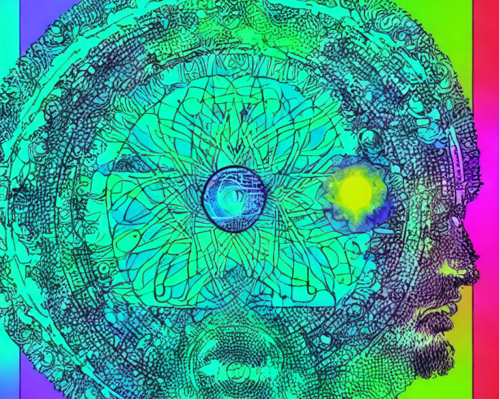 Detailed Circular Line Drawing with Eye on Multi-Colored Background