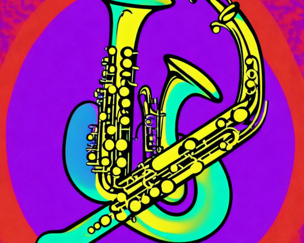 Colorful Brass Instruments on Psychedelic Background with Purple Circle