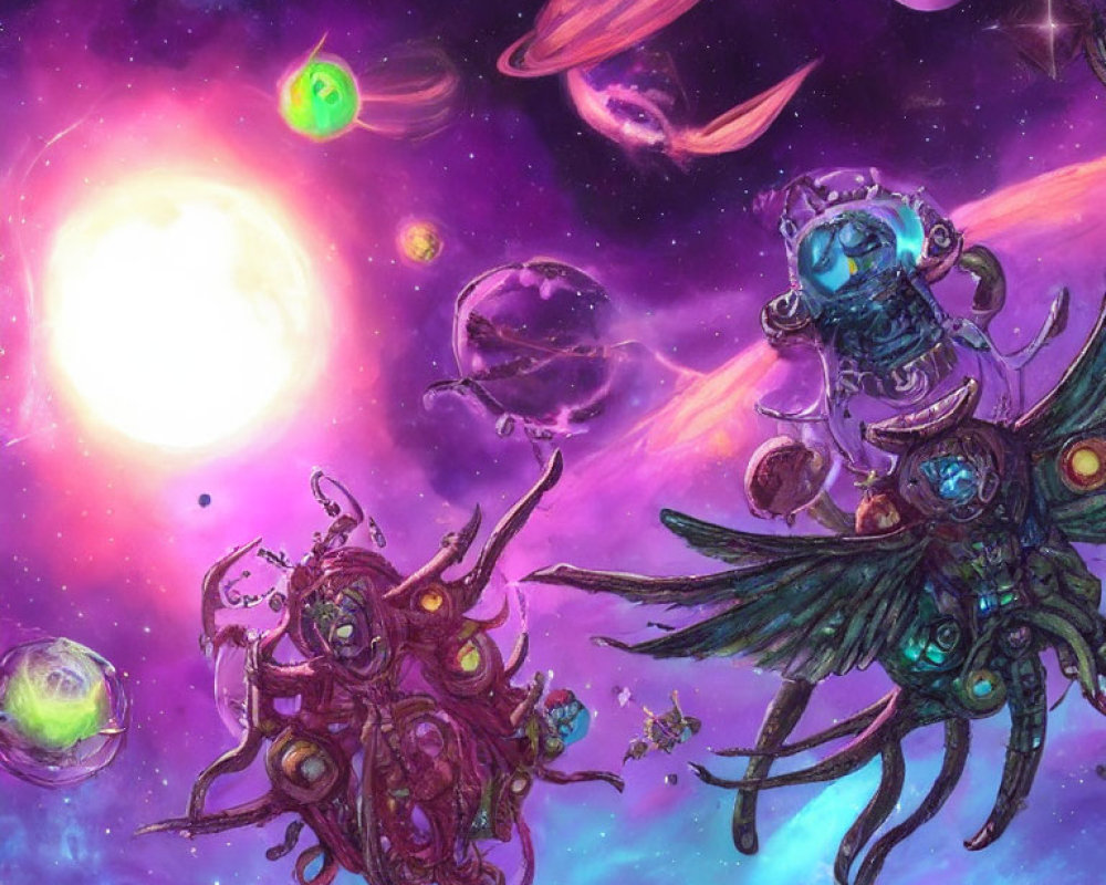 Colorful cosmic scene with intricate mechanical beings and planets.