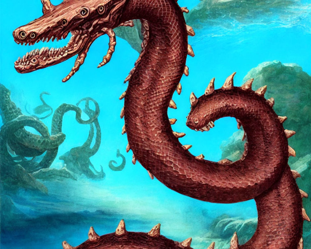 Mythical multi-headed dragon emerges from sea with lurking tentacles