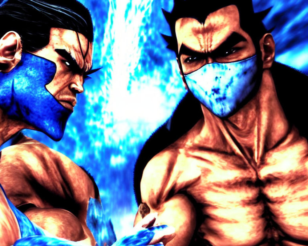 Muscular animated characters in intense face-off on blue background