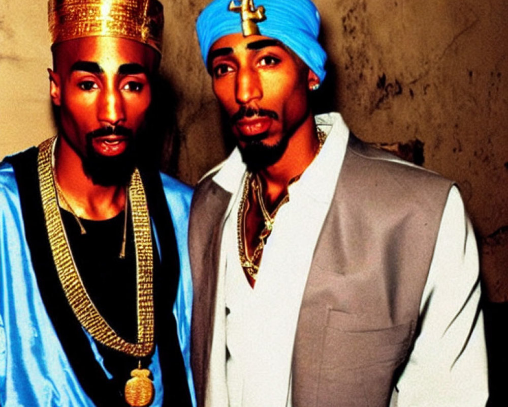 Men in Golden Crown and Blue Turban in Cultural Attire