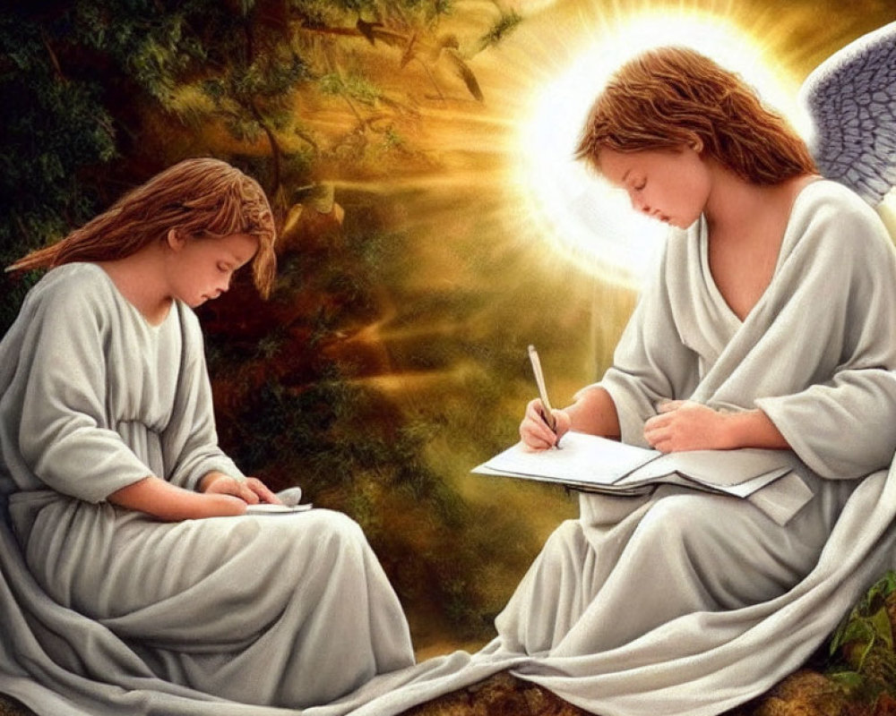 Angelic figures with halos and wings writing in books in serene natural setting