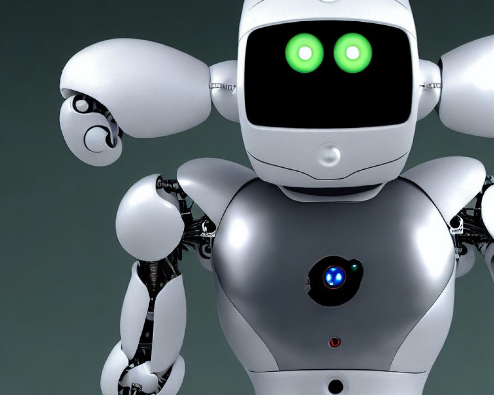 White and Black Humanoid Robot with Green Eyes and Chest Camera