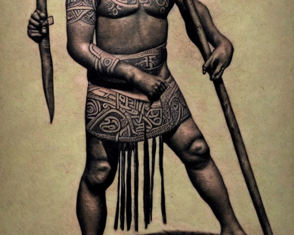 Warrior illustration with traditional tattoos and weapons in loincloth