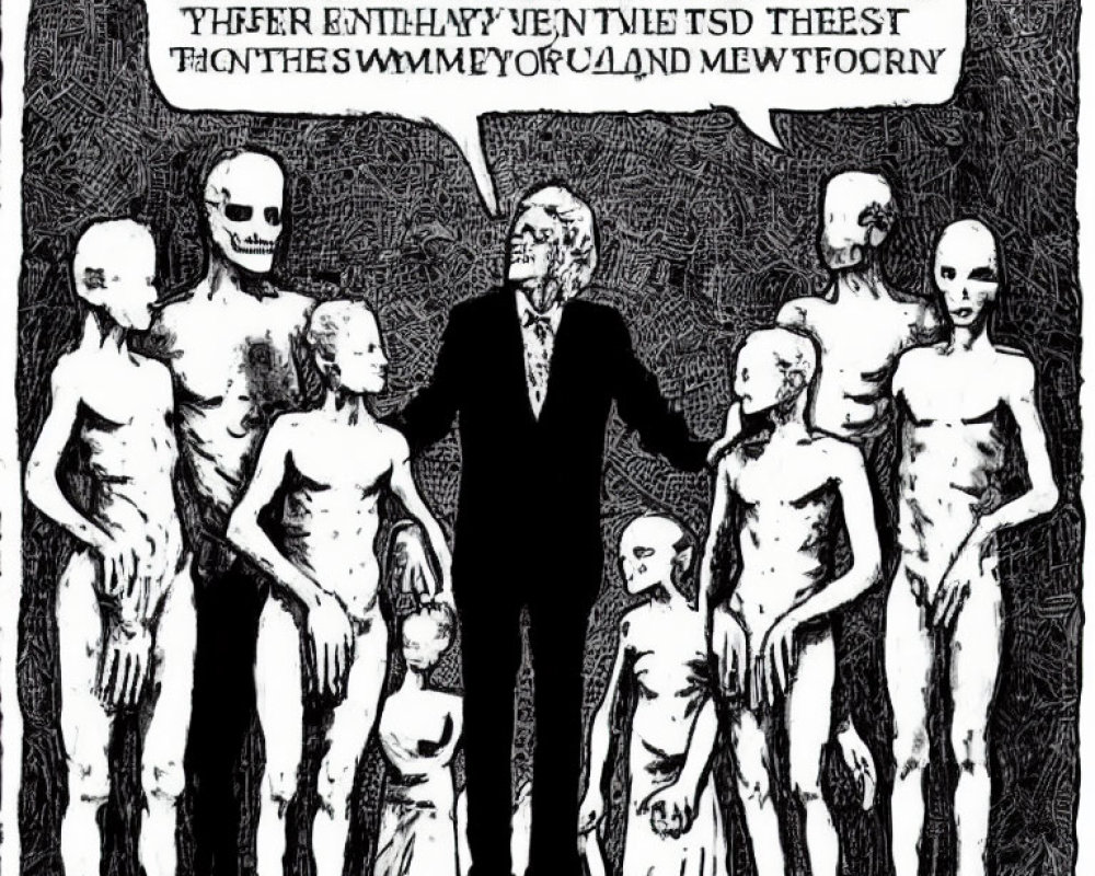 Monochrome drawing of central figure with unique hair, surrounded by skeletal figures and scrambled text.