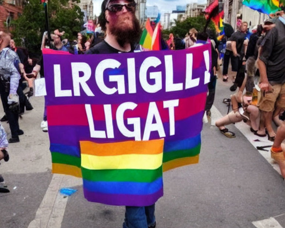 Bearded person with sunglasses holding rainbow flag at pride event