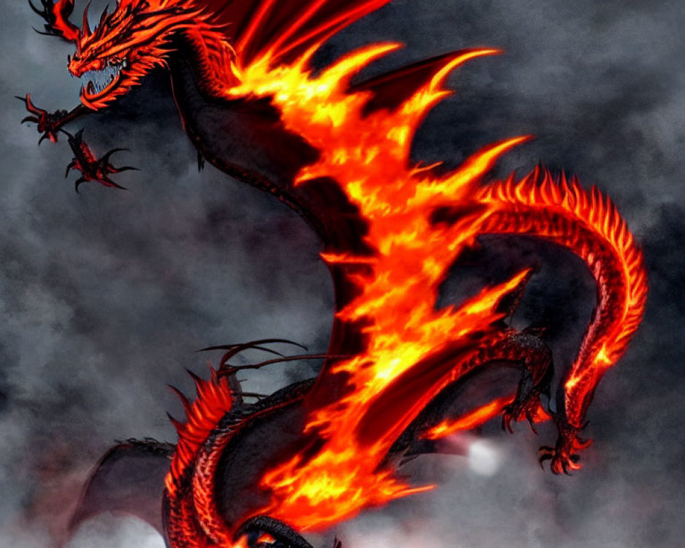 Fiery red dragon with outstretched wings in cloudy sky