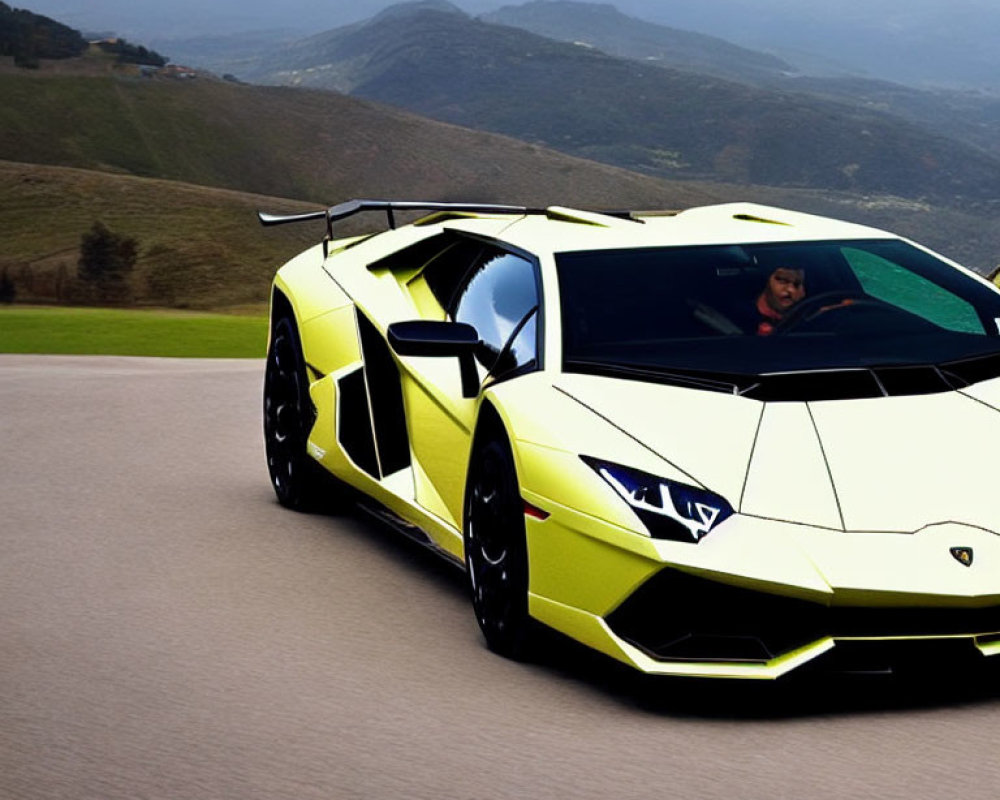 Yellow Lamborghini Aventador with driver on mountain road