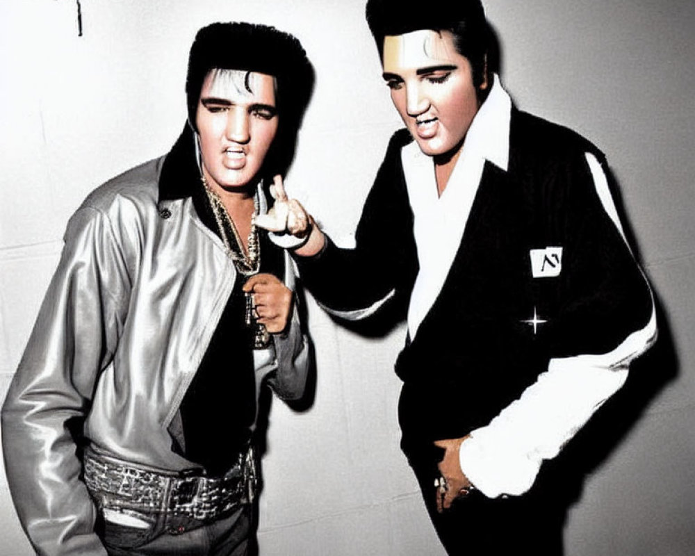 Two Elvis Presley Impersonators in Rockabilly Outfits Pose in Black and White Photo