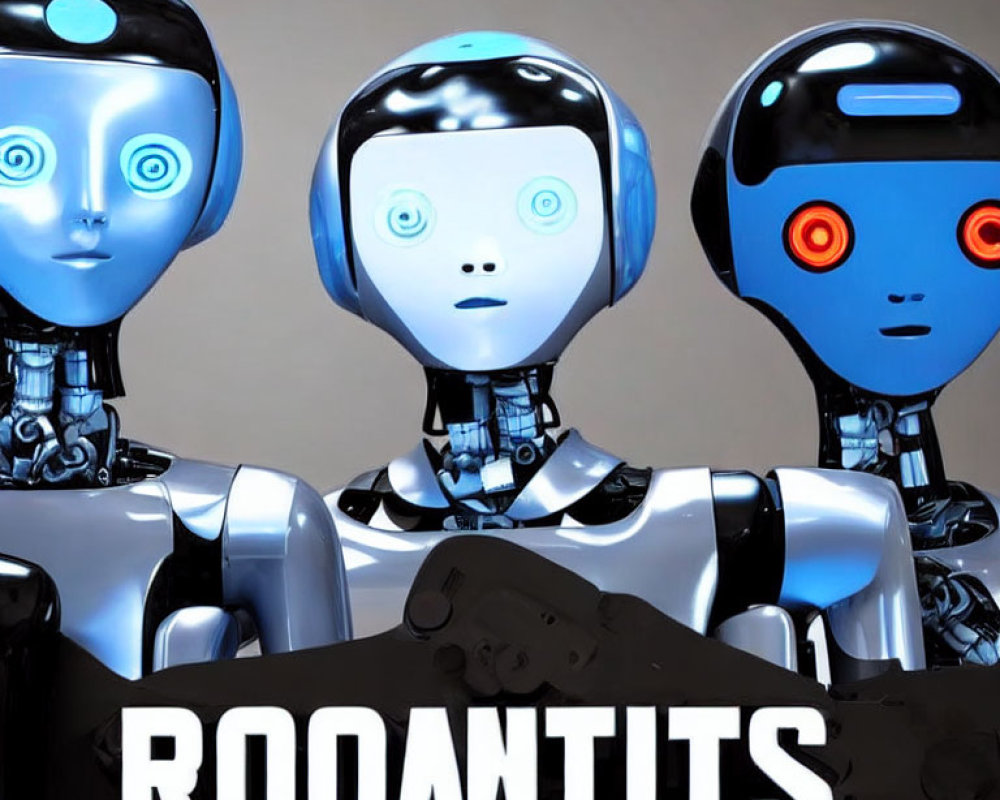 Futuristic robots with human-like faces and illuminated blue eyes.