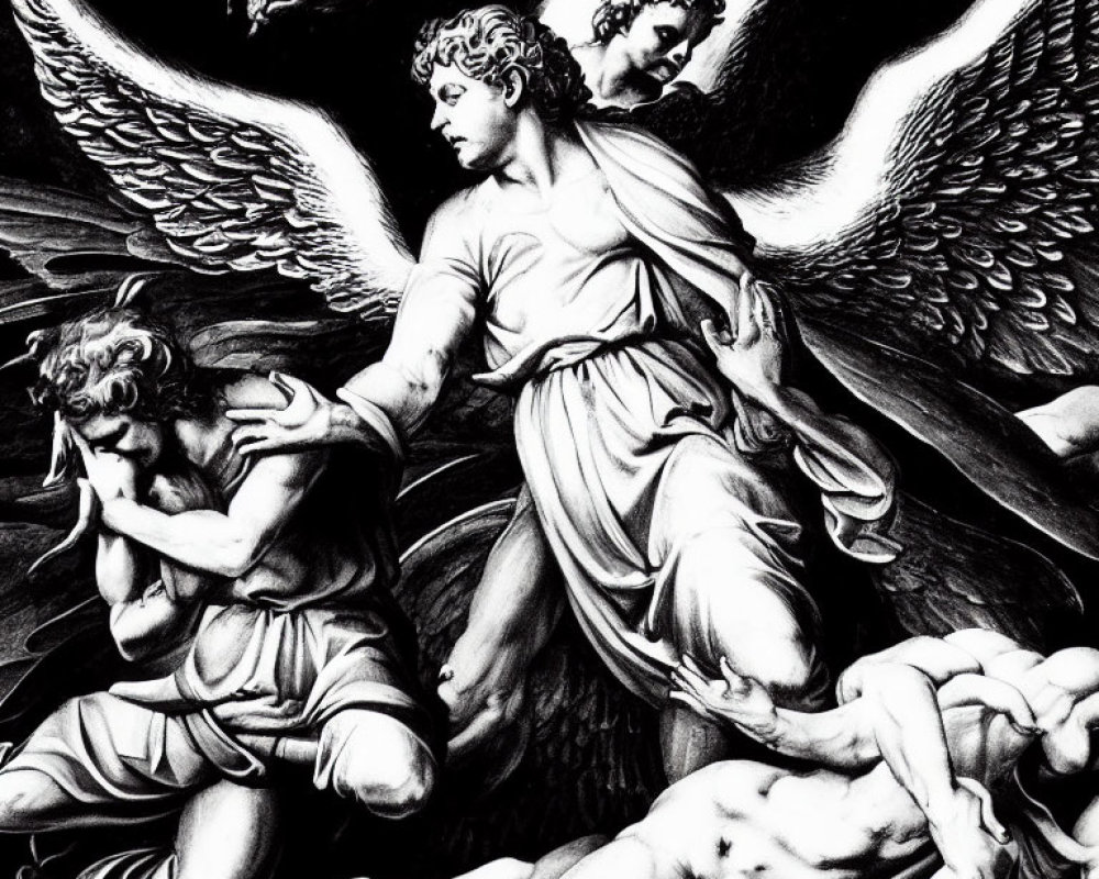 Monochromatic artwork of three angels with dramatic wings and expressive poses