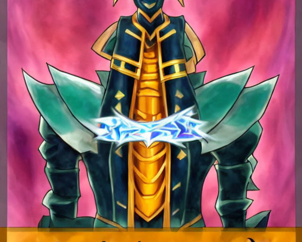 Colorful Armored Knight with Dual-Bladed Weapon on Abstract Background