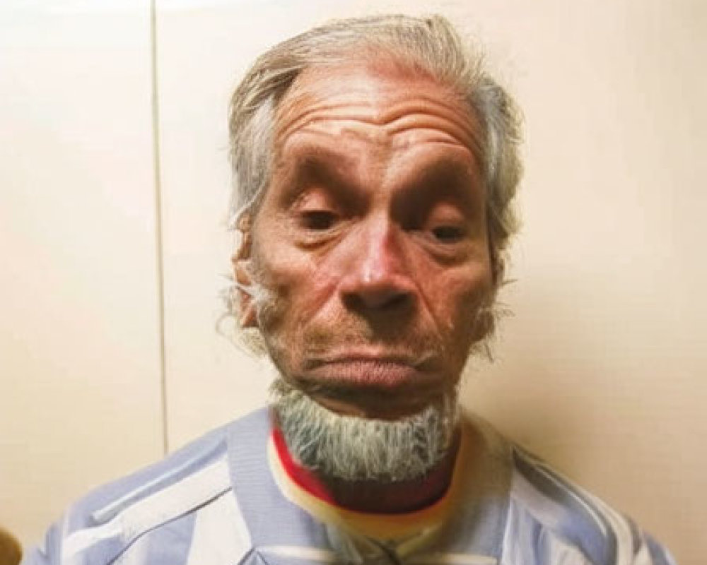 Elderly man with grey beard and weary expression in striped shirt