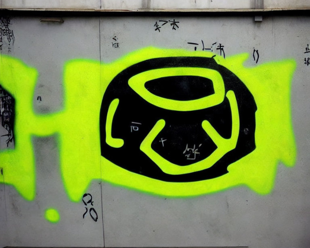 Colorful graffiti eye symbol on urban wall with inscriptions.