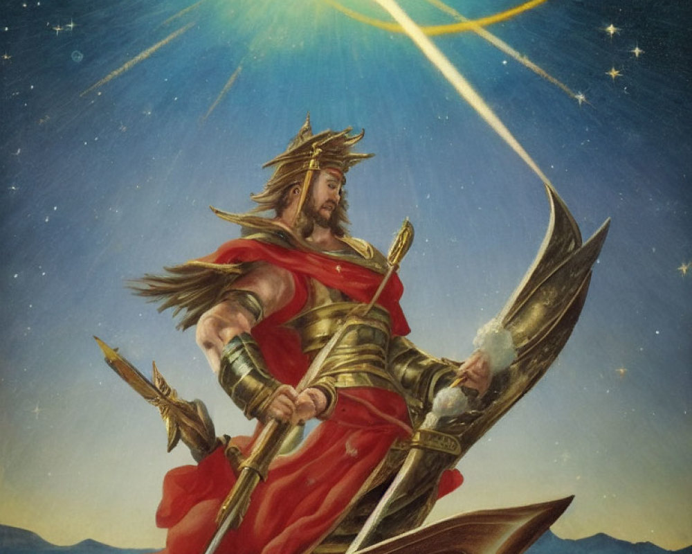 Golden-armored warrior on boat under starry sky with sword and shield