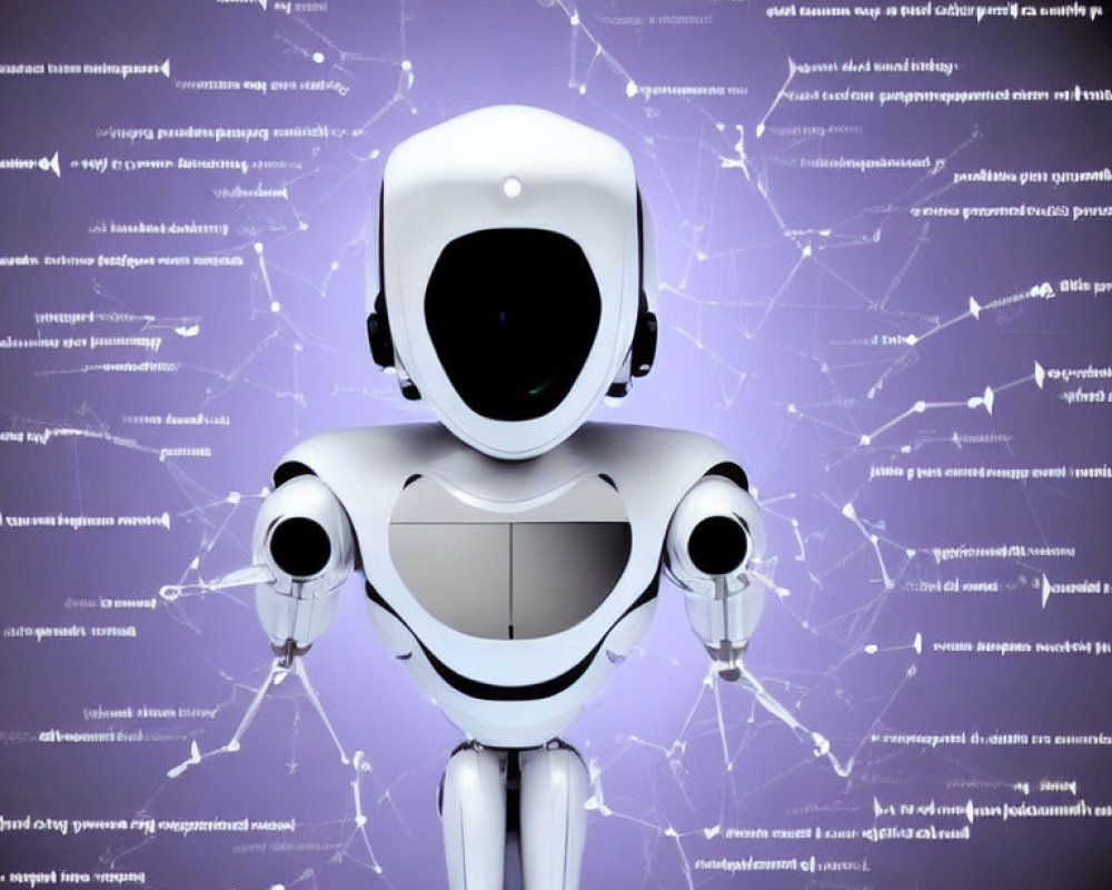 White humanoid robot with black visor and illuminated chest in digital code background