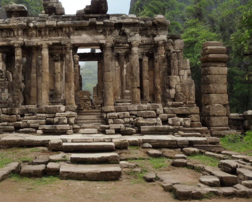 Lush greenery surrounds ancient stone temple ruins