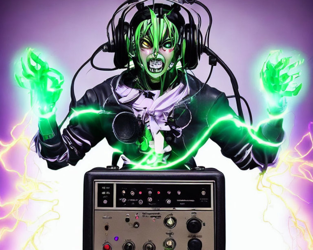 Futuristic costume with green glowing hands and cybernetic headgear on purple background