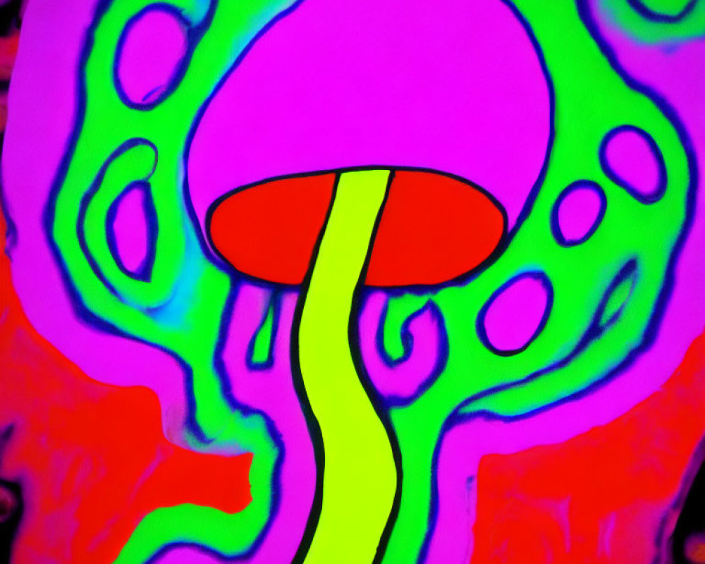 Colorful Psychedelic Mushroom Illustration on Swirling Background