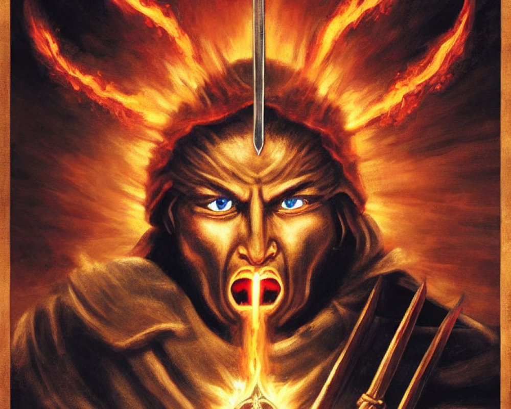 Fantasy character with fiery crown, glowing eyes, sword, and bow