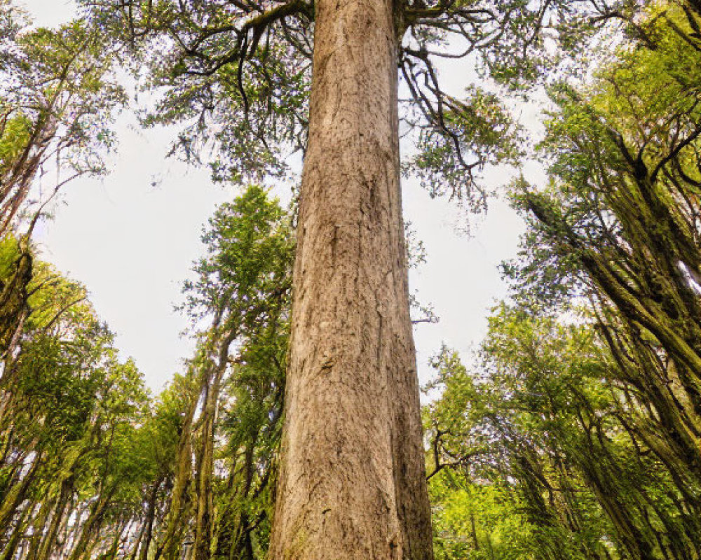 Tall Tree in Lush Green Forest with Moss-covered Ground