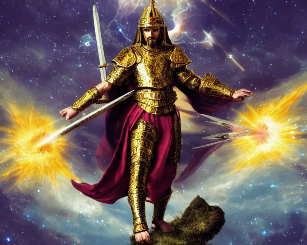 Majestic warrior in golden armor with swords in cosmic scene