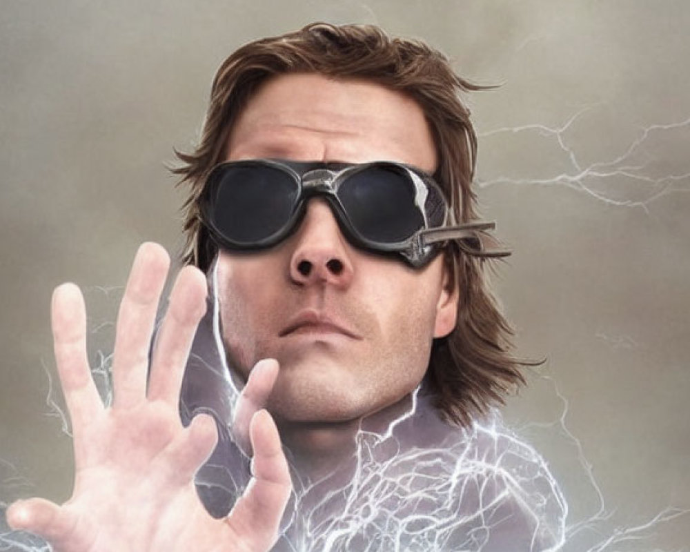 Man with Shoulder-Length Hair Wearing Black Goggles and Electrical Current in Smoky Background