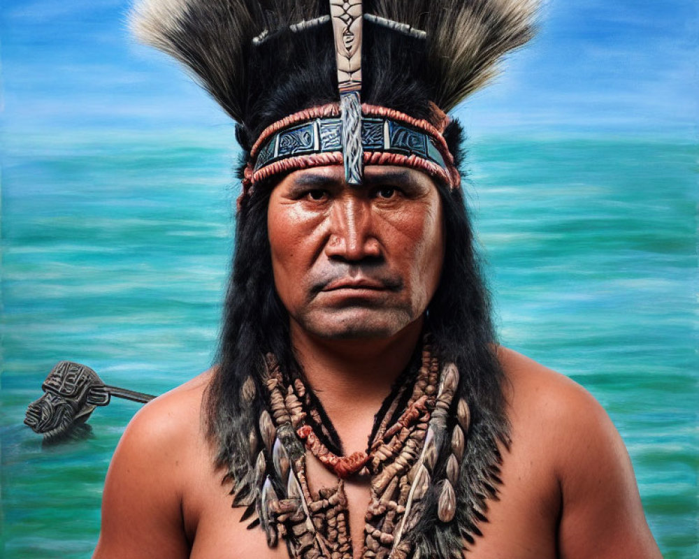 Native American individual in traditional attire against turquoise backdrop