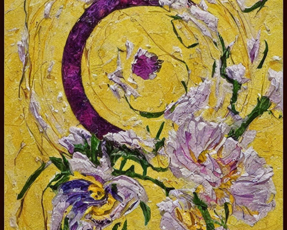 Purple and White Flowers on Vibrant Yellow Background with Swirl