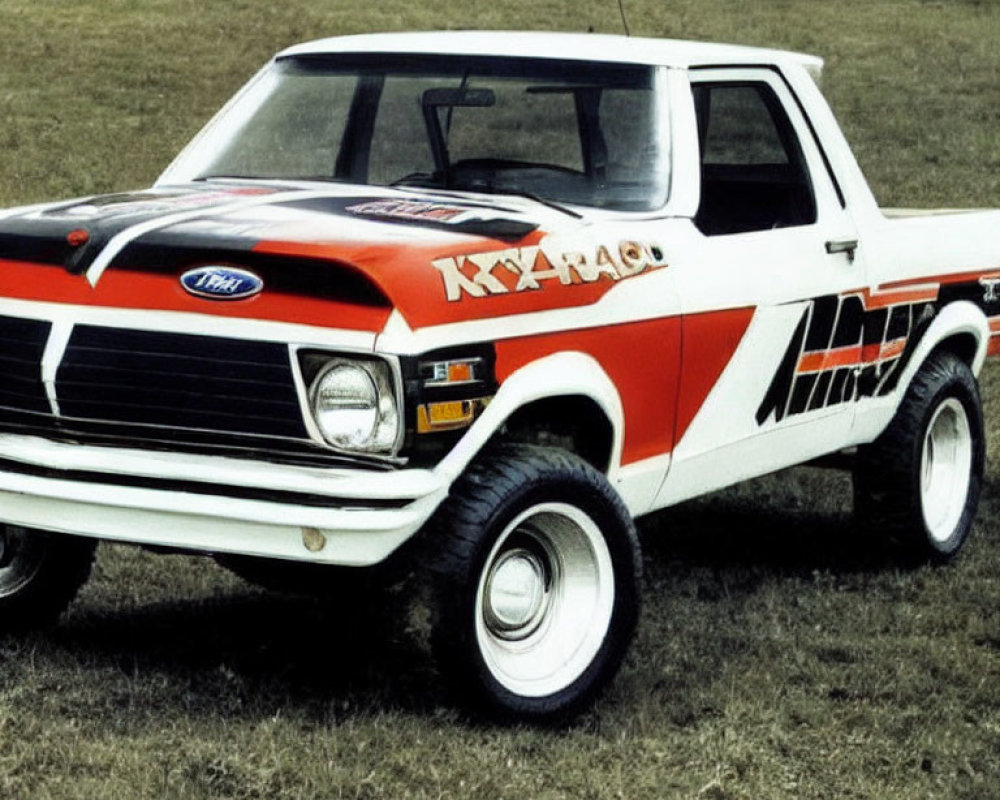 Vintage White Pickup Truck with Red and Black Livery and Off-Road Tires