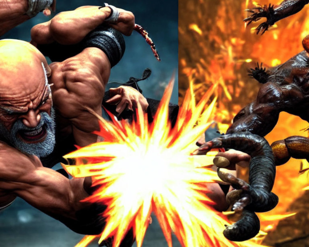 Muscular, Bearded Character Battles Fiery Horned Creature