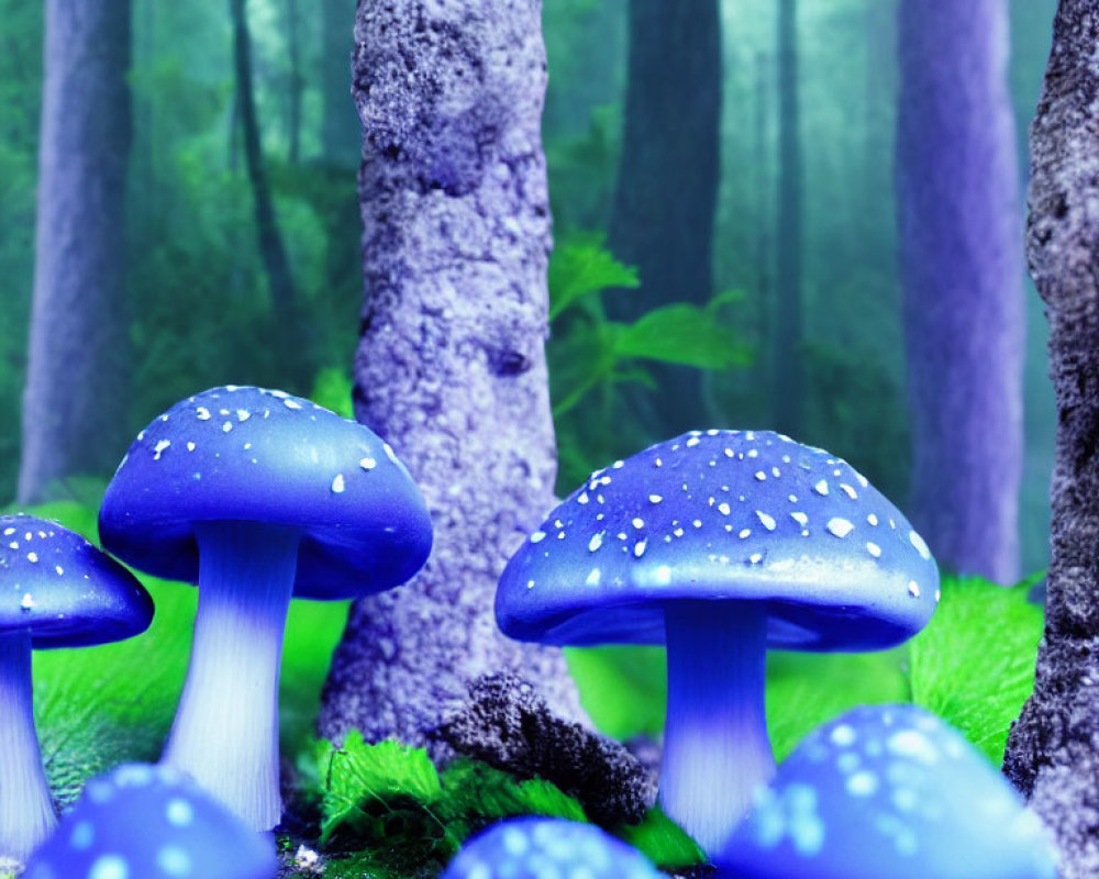 Vibrant blue mushrooms with white spots in misty forest scene