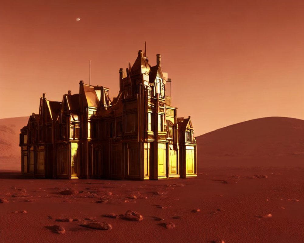 Victorian mansion on barren Martian landscape with small moon in sky